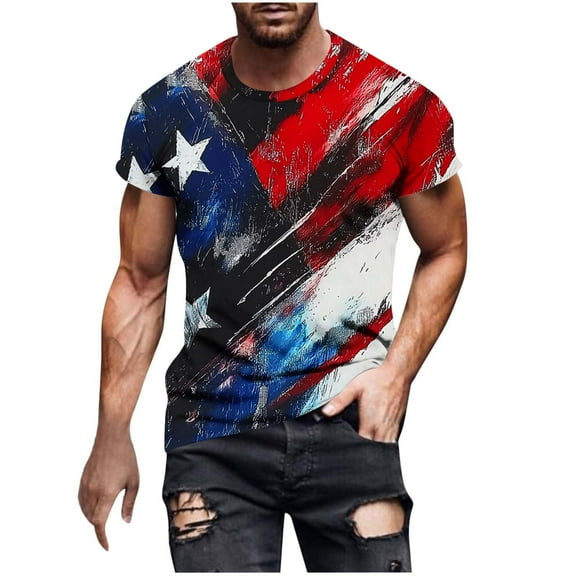 GERsome Men's 4th of July Short Sleeve Tops Loose Fit USA Flag Stars Stripes Crewneck T Shirts American Flag Patriotic Tee Shirts M-4XL