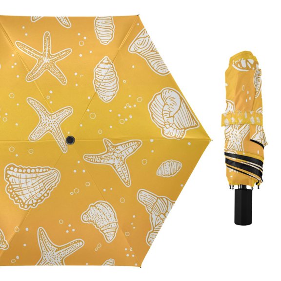 Compact Sun Umbrella Windproof Travel Umbrellas for Rain Strong Portable UV Protection White Starfish Conch