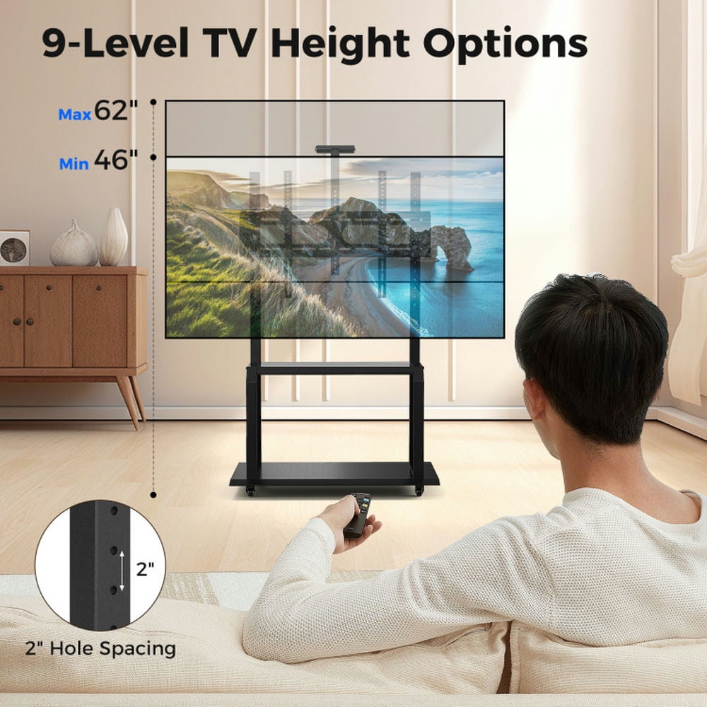Finihen TV Stand, Mobile Media Console stand, Mobile TV Stand with Camera Shelf and AV Shelves for 32-80 Inch Flat/Curved TVs, for Living Room, Bedroom, Black