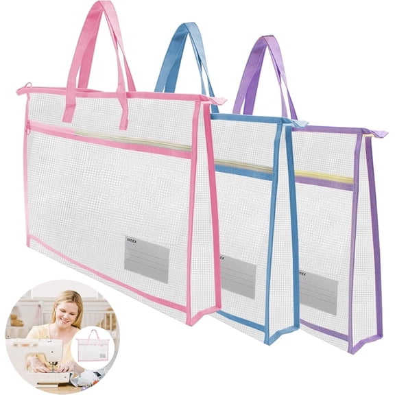 Triani 3Pcs A3 Project Bag for Quilting Craft Storage with Handles Clear Mesh Sewing Project Bag with Zipper Pockets for Quilting Knitting Stitching Artworks Embroidery