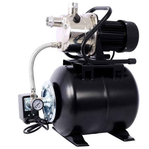 black 1.6 HP Shallow Well Pump with 5-Gallon Pressure Tank, Automatic Garden & Irrigation Water Pump, Stainless Steel Head, 1000 GPH, for Home Lawn Farm