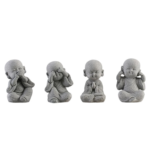 Mini Buddha Statue 4pcs, Figurine Garden Sculptures Chinese Style Collectible Small Monk Statue for the Garden Desk or Car, Tea Tray and Desktop Decoration