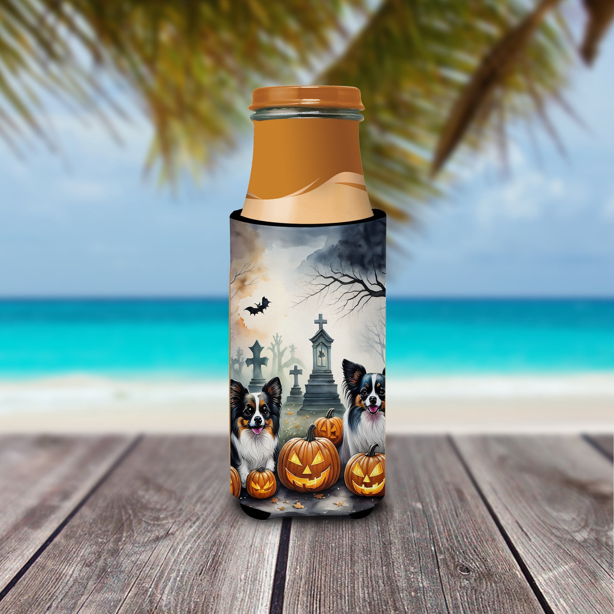 Carolines Treasures  0.25 x 6.5 x 4 in. Papillon Spooky Halloween Hugger for Ultra Slim Cans