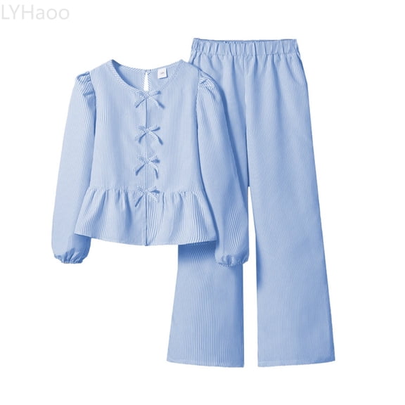LYHaoo Kids Girls Fall Outfit Fashion Bow Knot Ruffle Striped Blouse And Long Pants Toddler Casual Wear Two Piece Set Girls Outfit Sets Sizes 7-8 Years(Blue)