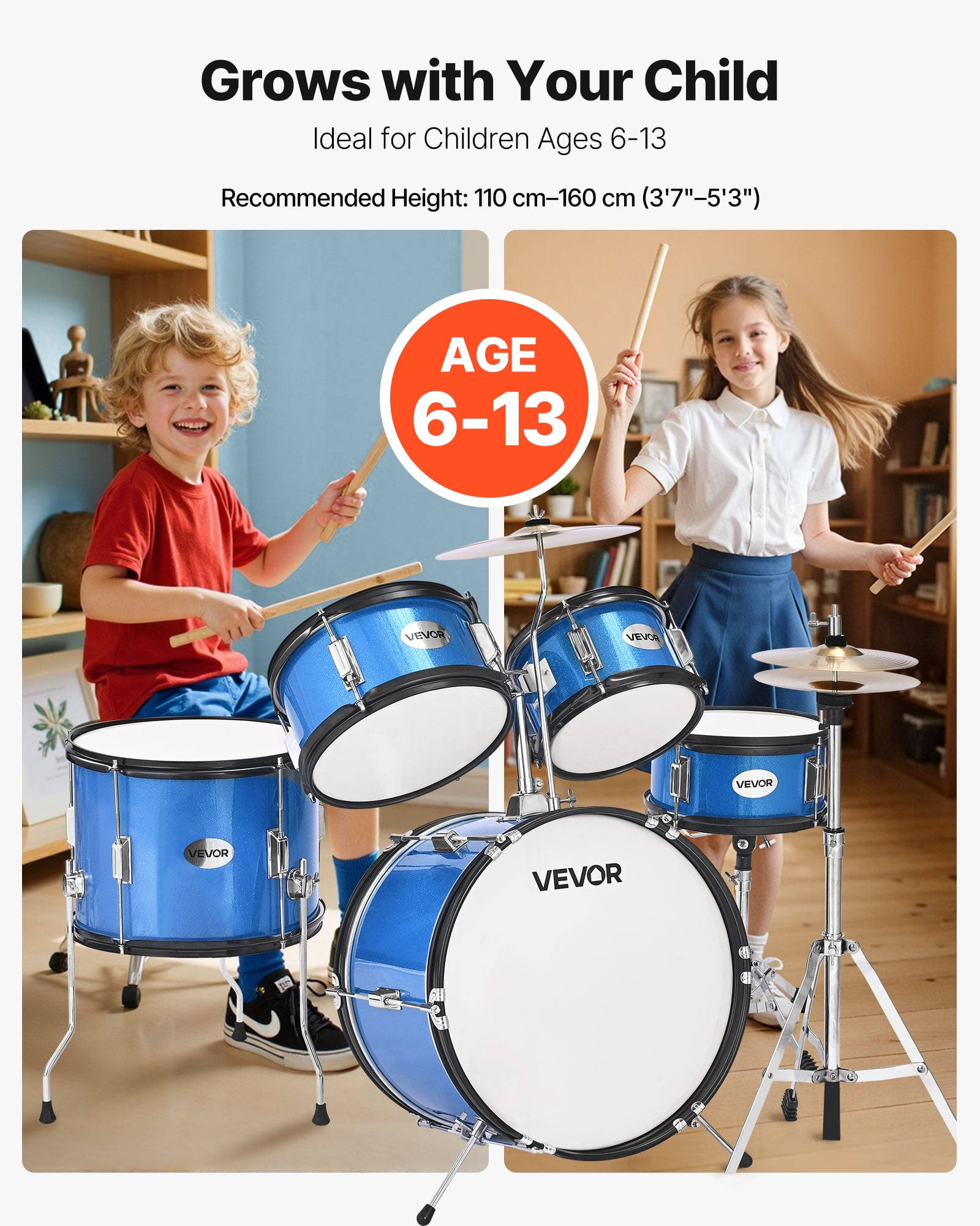 VEVOR Kids Drum Set, 5-Piece 16 in Junior Drum Sets, Beginner Drums Set with Adjustable Throne, Cymbal & Two Pairs of Drumsticks, Musical Learning Drums Kit(Blue)
