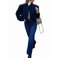 thumbnail image 3 of Women'S Button Down Bombers Jacket Drop Shoulder Short Cropped Coat Outwear Navy Blue M, 3 of 9