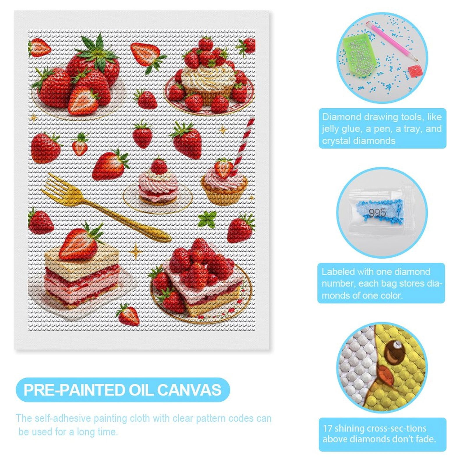 Diamond Art Kits for Adults, Strawberry Delights Dessert Selection 5D Diamond Painting Kits for Adults Beginners, DIY Full Drill Diamond Painting, Gem Art and Crafts 12x16