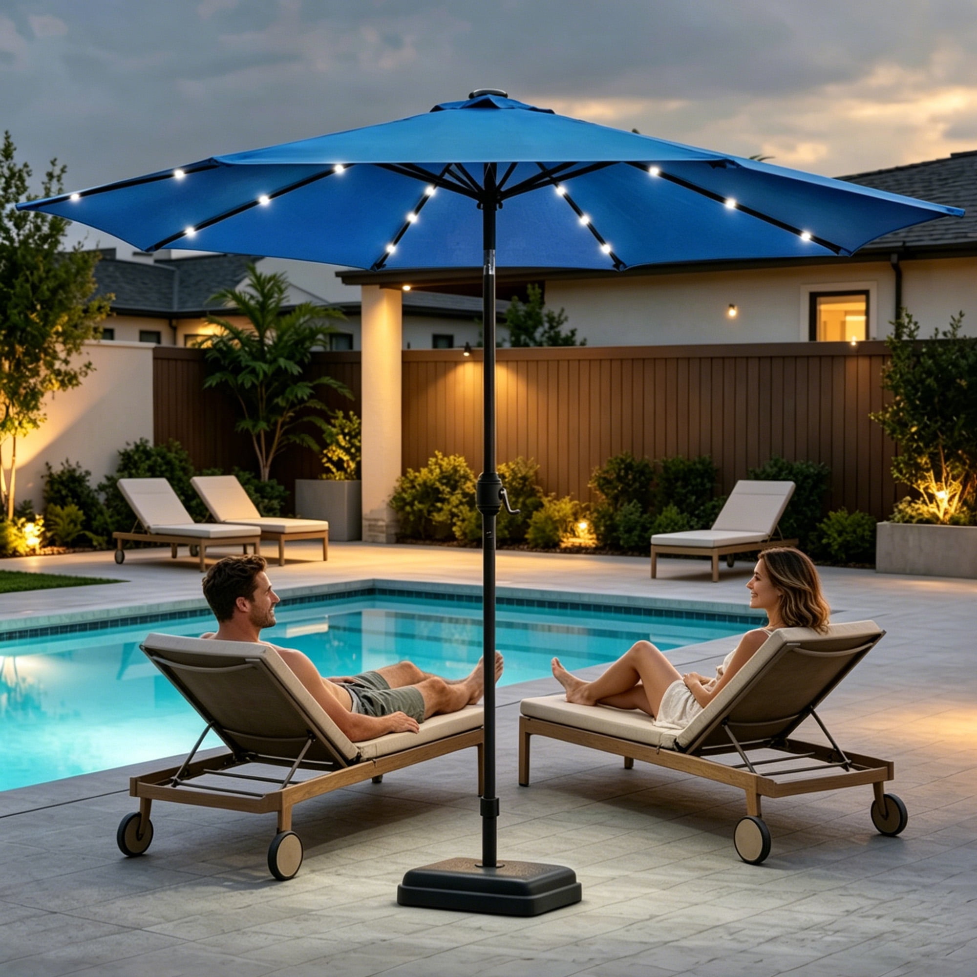 Kool Outdoor 9ft Solar LED Lighted Market Patio Umbrella with Crank and Tilt - Royal Blue