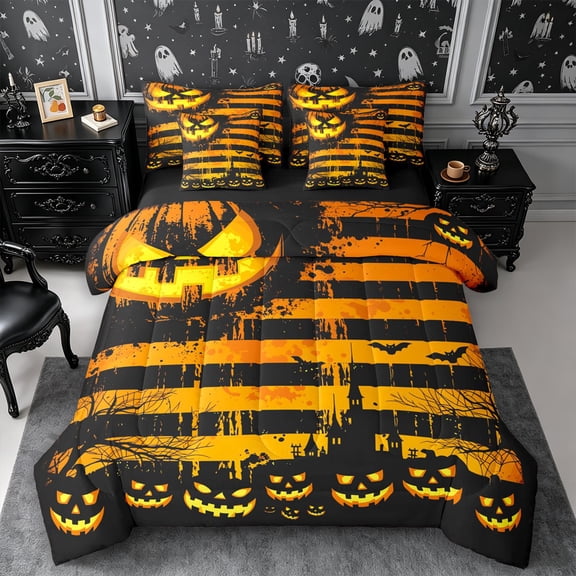 Erosebridal Retro Halloween 7-Piece Twin Bedding,Vintage Spooky Bedding Comforter Set,Striped Orange,Reversible