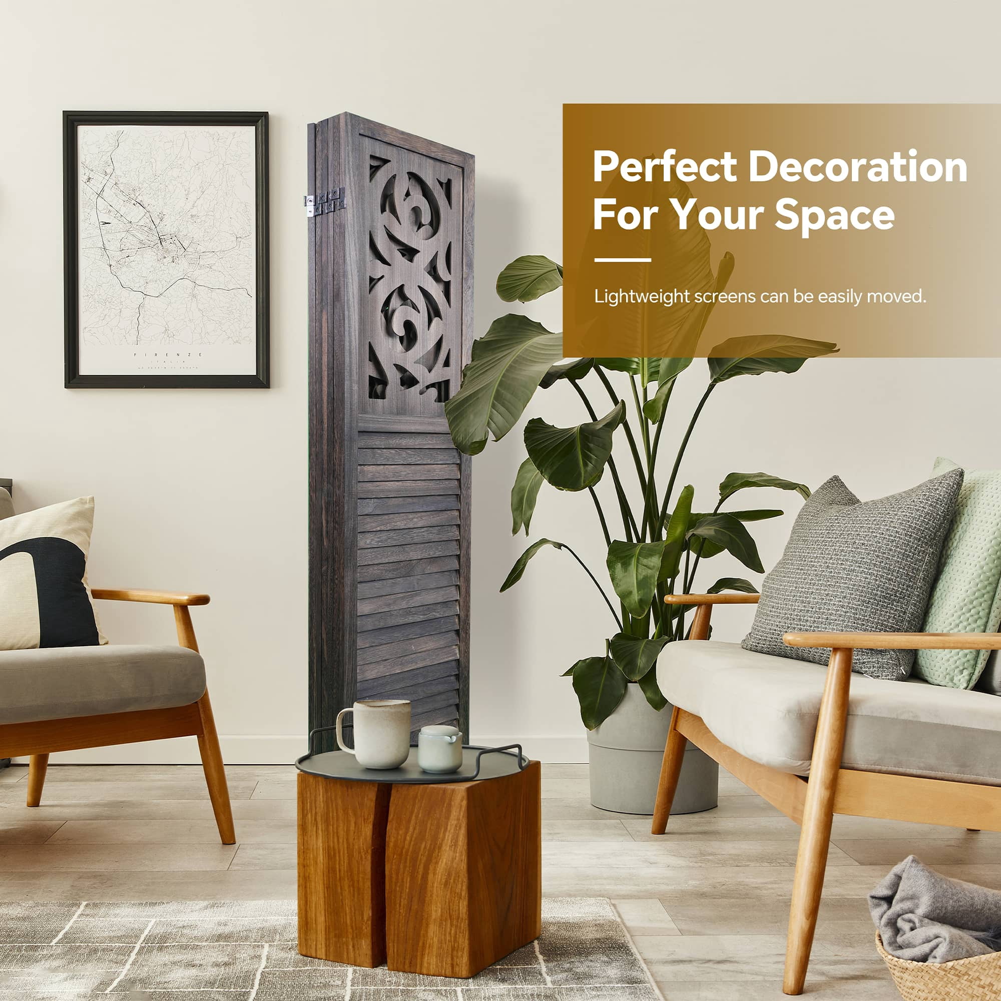 MAYEERTY 6 Panel Freestanding Room Dividers, 6FT Carved Wood Folding Privacy Screens, Rustic Brown