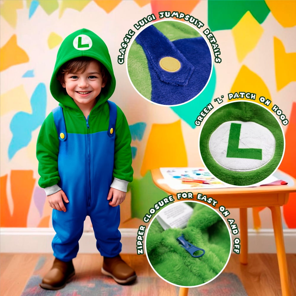 Nintendo Super Mario Brothers Boys Long Sleeve Onesie Zip Coverall with Hoodie Mario & Luigi Cosplay Zip Up Onesie (Size 4-16)