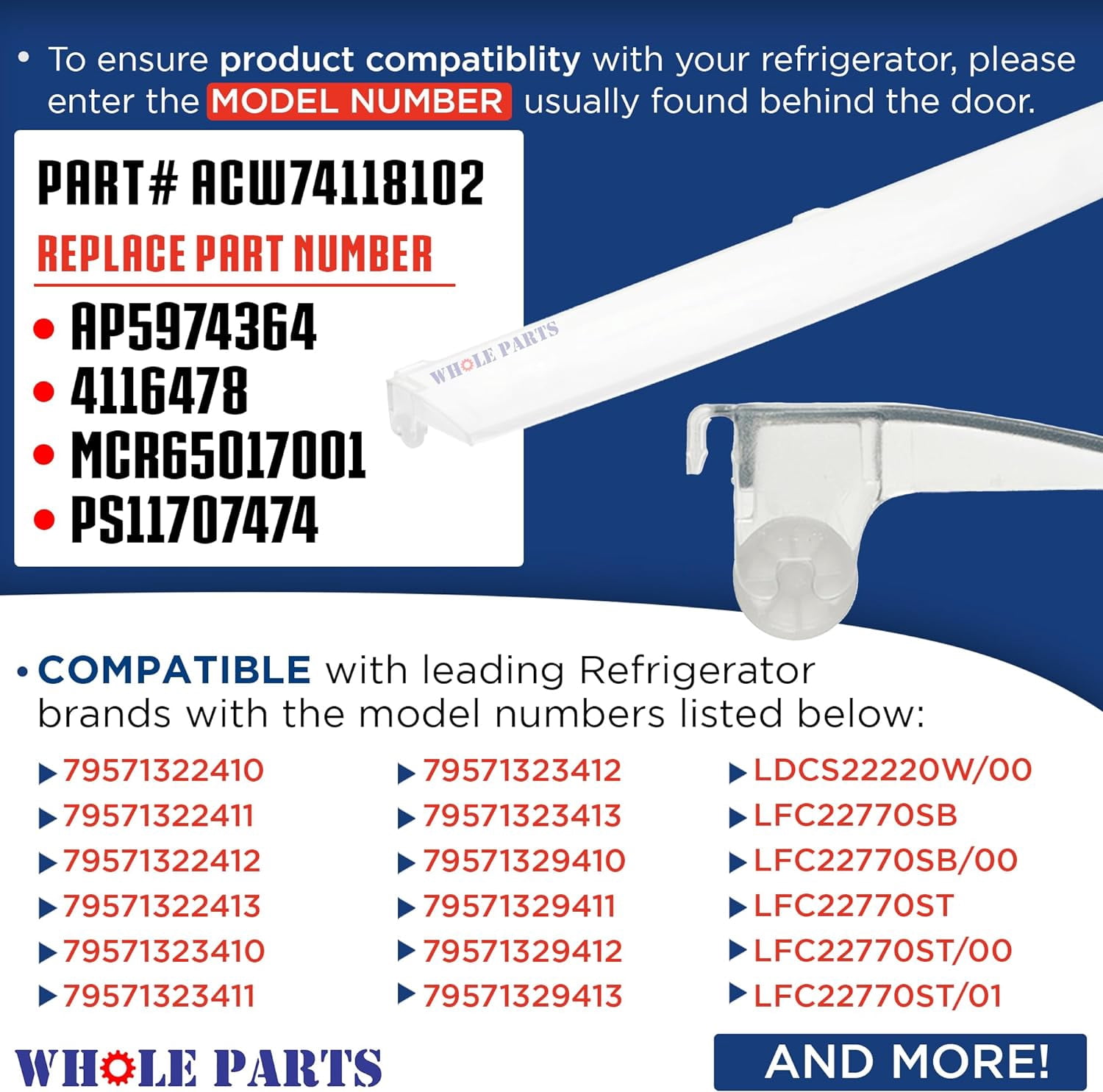 Whole Parts Refrigerator Shelf Tray Liner Cover Assembly (Clear color) Part# ACW74118102 - Replacement and Compatible with Some LG and Kenmore Refrigerators