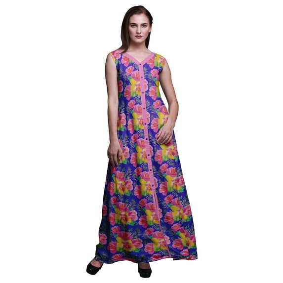 Bimba Floral Women V Neck Sleeveless Front Slit Casual Maxi Printed Boho Dress-X-Large