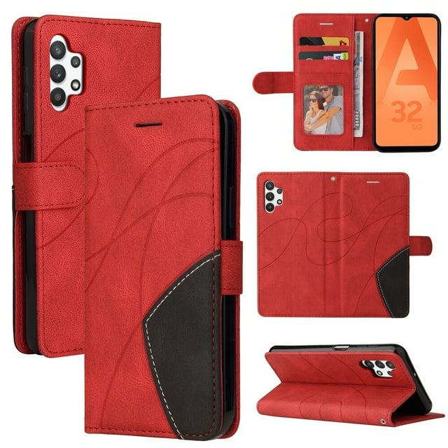 Étui pour Samsung Galaxy A32 5G Portefeuille en Cuir Flip Folio Support Vue Couverture - Rouge