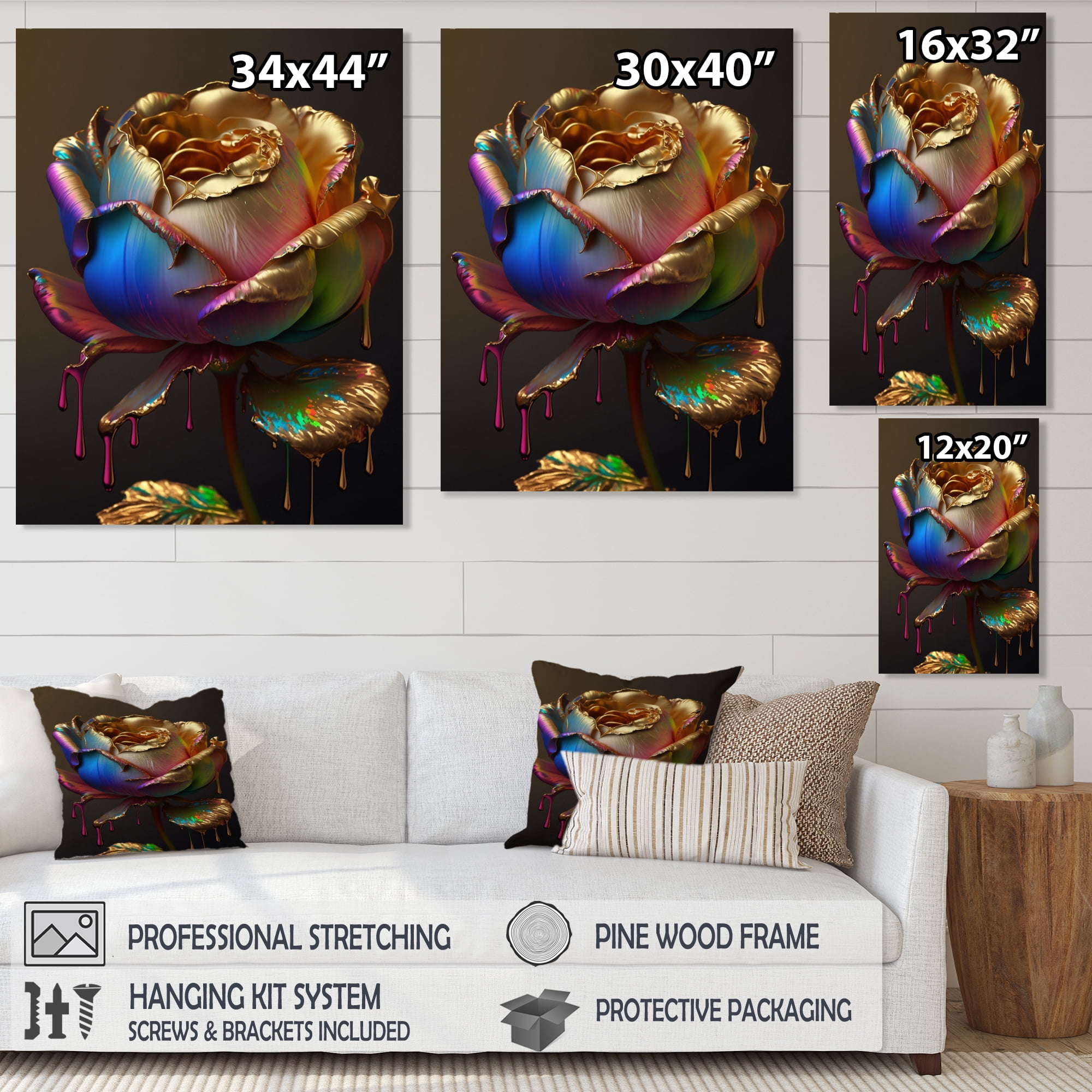 Designart Rainbow Peony Liquid Gold Drips Hyper IV Canvas Wall Art