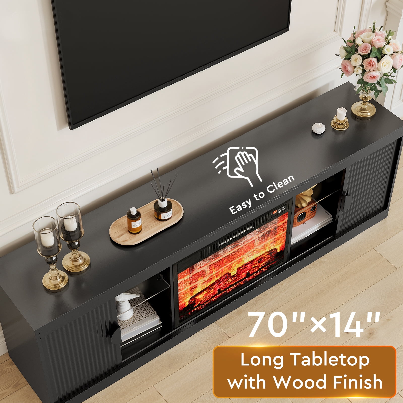 Holliwill 70" Fireplace TV Stand for TVs up to 80" with LED Lights, Fluted Modern Entertainment Center with 23" Red Brick Electric Heater TV Console with Sliding Door for Living Room, Black