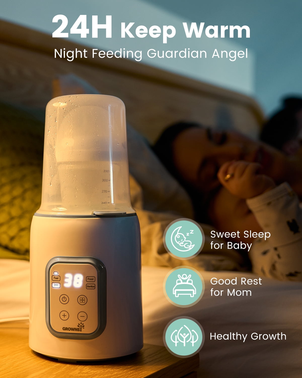 Grownsy Baby Bottle Warmer 8-in-1 with Timer ,Temperature Control,Defrost, Sterilizer, Heat Baby Food Jars Function