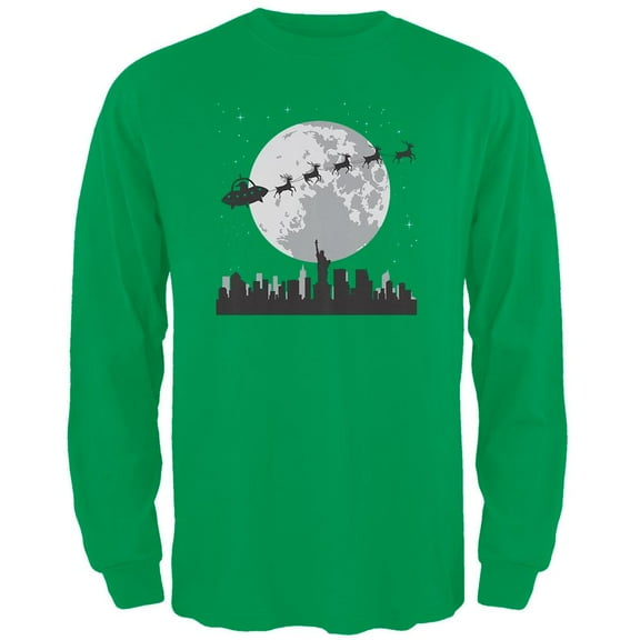 Alien Santa Sleigh Green Adult Long Sleeve T-Shirt - Large