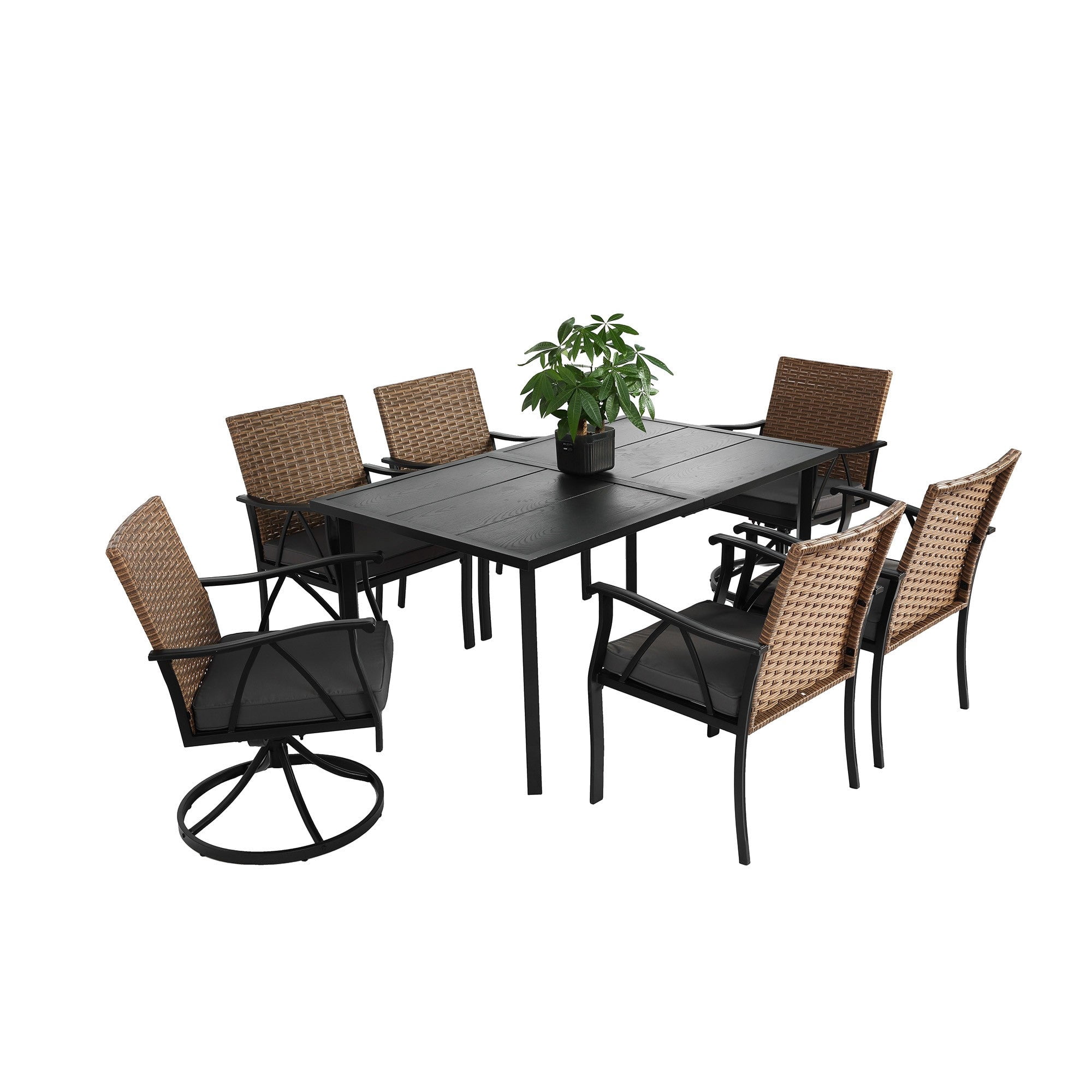 Sailvan 7 Piece Wicker Outdoor Table and Chairs,Patio Dining Set with Square Steel Table and Umbrella Hole,Brown