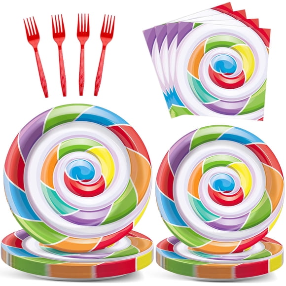 Set de artículos de fiesta Candyland para 24 invitados con diseño de piruletas