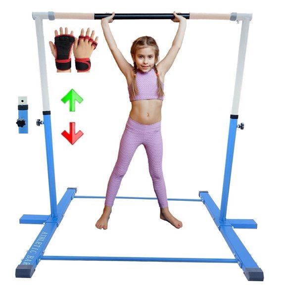 Barre de Gymnastique Pro Horizontale Kip Bar Hauteur Extensible 3 à 5 Pi avec Ensemble de Gants de Gymnastique, Gymnase Jungle Haut de Gamme Gym à Domicile Barre d'Entraînement Junior pour Enfants, Monkey Bar Terrain de Jeu, Bleu