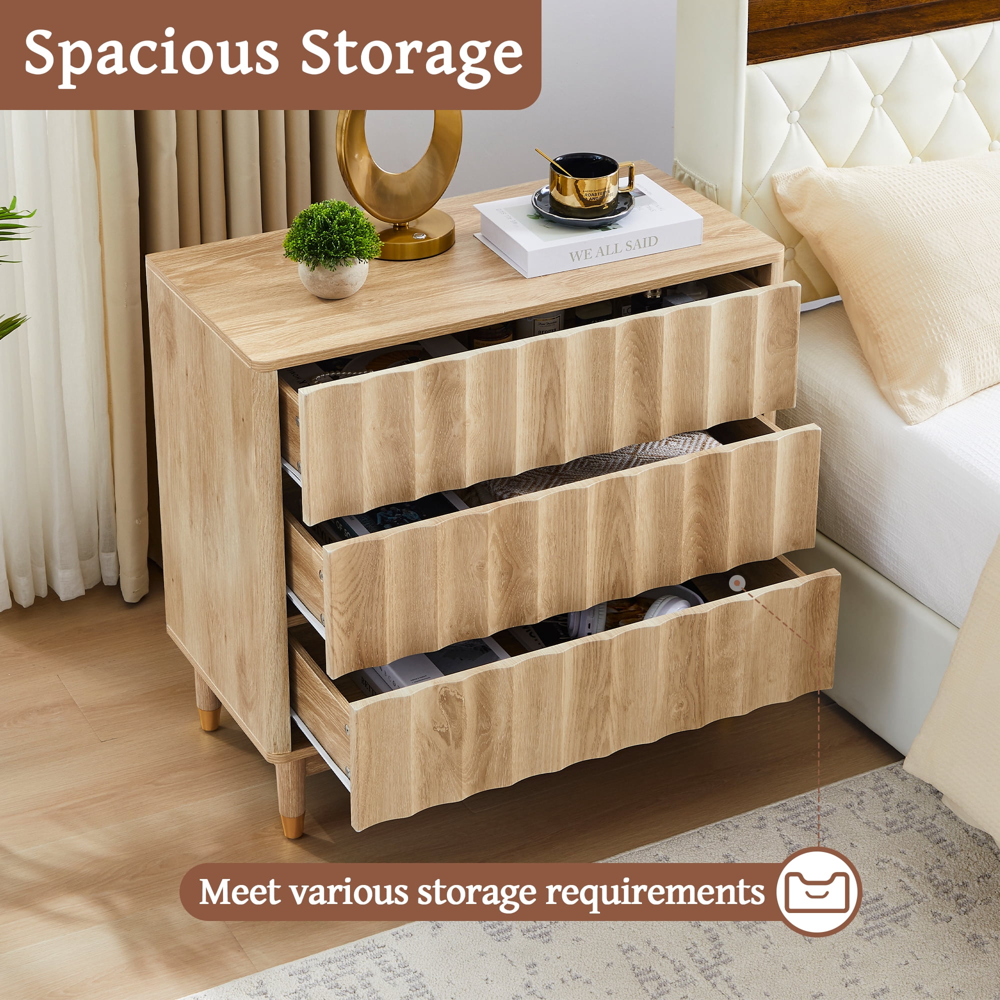 LEFHDA 31.5" Dresser Fluted 3 Drawer Dresser, Small Modern Chest of Drawers, Wood Storage Dressers Organizer Storage Cabinet for Bedroom Living Room Hallway Entryway