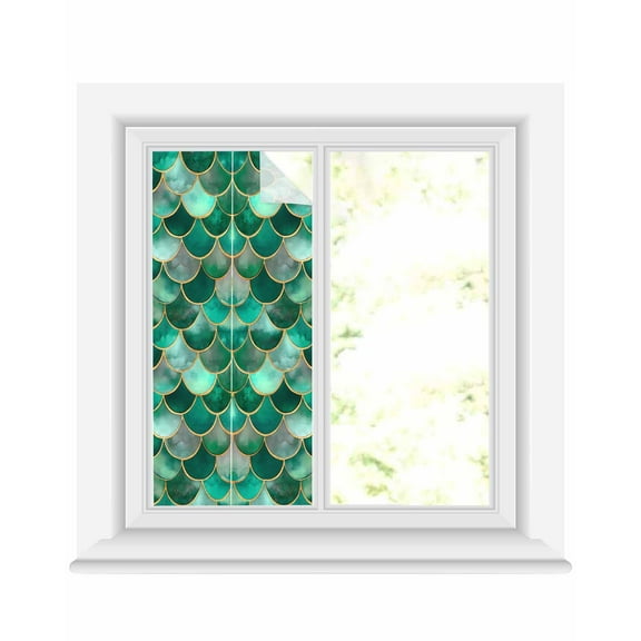 Window Privacy Film Turquoise Ombre Scale Stained Glass Window Film Decorative Sun Block Window Cover Abstract Art Ocean Coastal Window Clings Static Adhesive Sticker for Bathroom 19.6"x39.3"