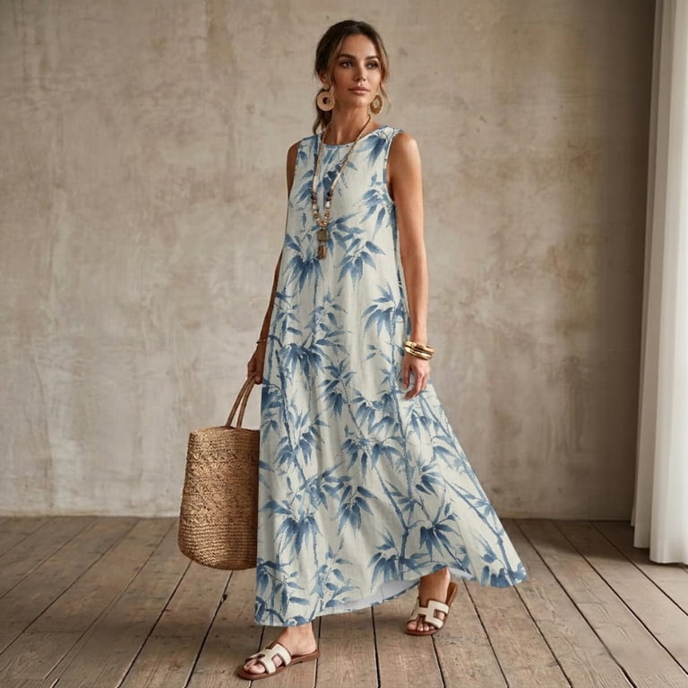 blue leaf print dress Jiueut Ink Summer Maxi for Women Sleeveless Crewneck Long Dress with Pockets, Linen Look Loose Fit Casual Beach Vacation Flowy Do Not Bleach