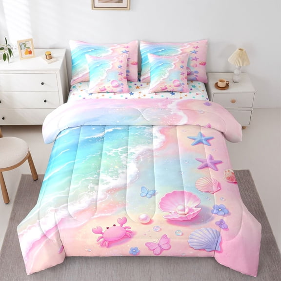 Manfei Blue Ocean Waves 7-Piece Twin Bedding,Pink Sand Bedding Comforter Set,Colorful Stars Reversible