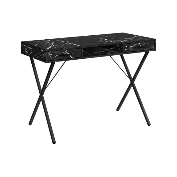 42 Inch Black Marble Look Computer Desk with X Frame and Triple Storage