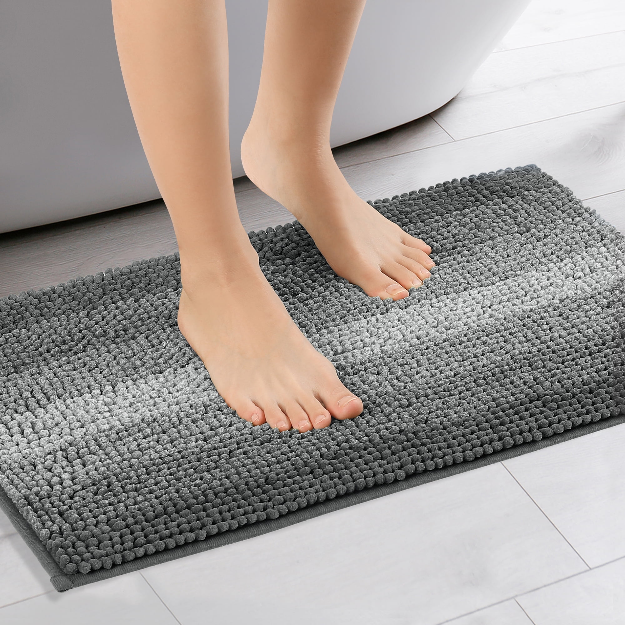 REGALWOVEN Contrasting Color Striped Bathroom Rugs, Non-Slip Plush Shaggy Bath Carpet, Bath Mats for Bathroom Floor, Tub and Shower Black 16" x 24"