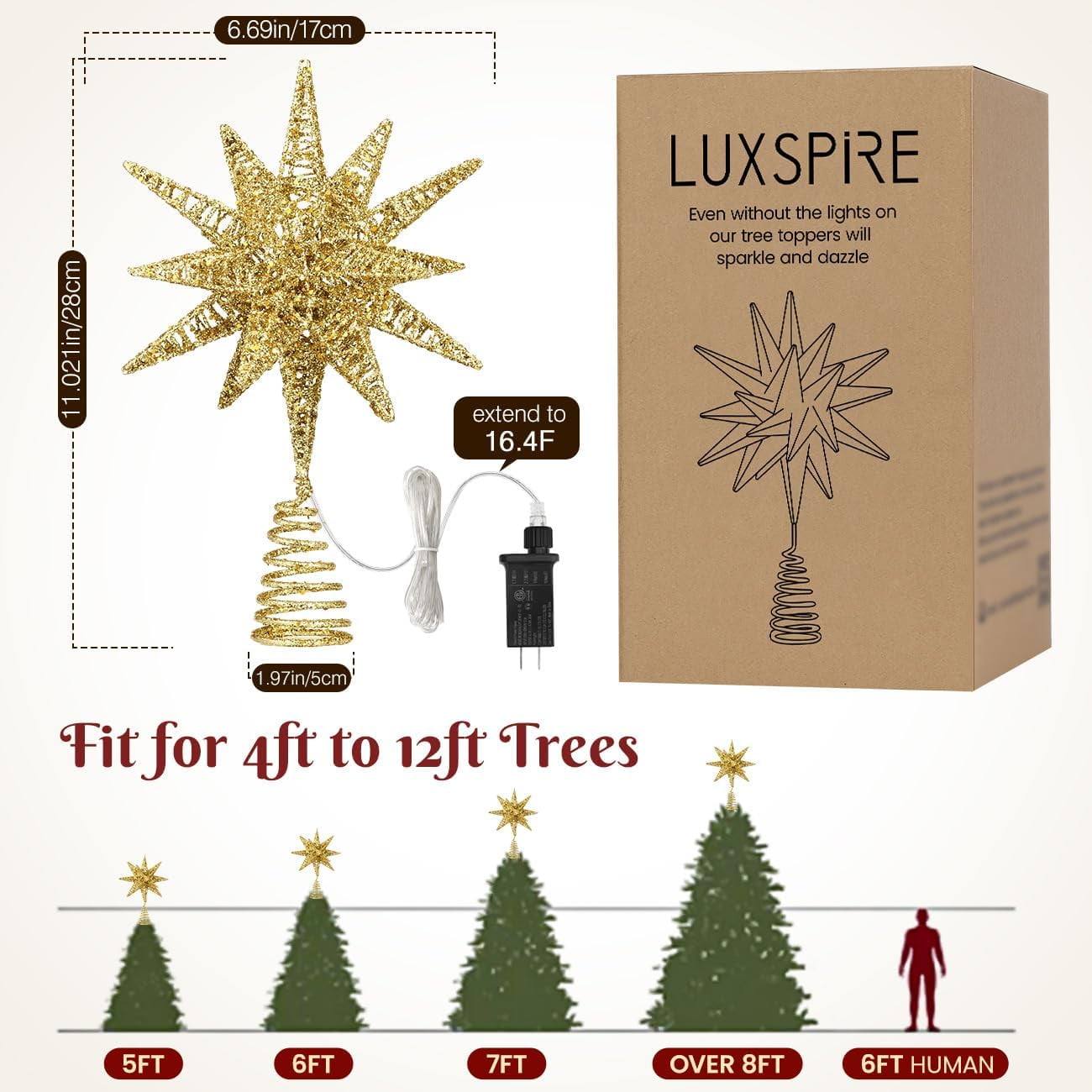 Luxspire Christmas Tree Topper, LED Lighted Tree Topper, 10.6 Double-Layer Glitter Metal 3D Decorations Lights, Built in 60 Bulbs Xmas Star Vintage