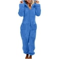 thumbnail image 2 of Tqyyweavej Womens Fleece Onesies Pajamas Jumpsuit Hooded Solid Color Half-Zip Loungewear Baggy Long Sleeve Pajamas for Women with Pockets, 2 of 8