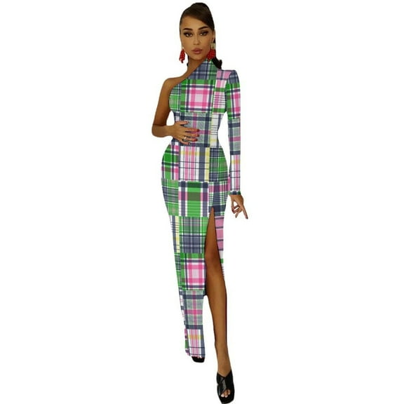 Summer Plaid Pink Madras Patchwork Half Dleeve Split Dress women dresses womens clothing dress party night