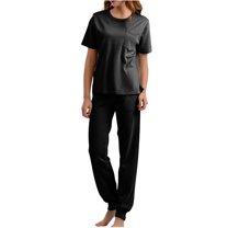 Inleife Two Piece Sets for Women Summer Women's Solid Round Neck Pocket Short Sleeved Top Long Pants Short Sleeved Round Neck Top/shirt Set Black Sizes Free Size