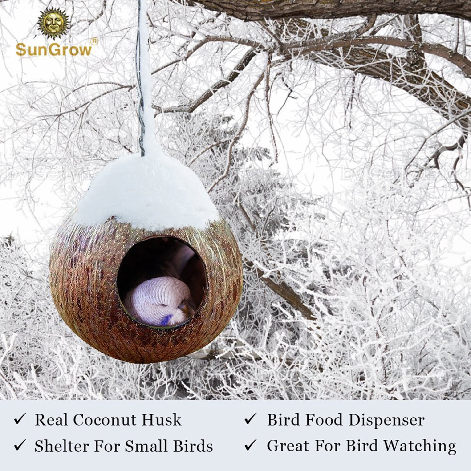 SunGrow Finch & Budgie Coconut Shell Breeding Nest & Bird Seed Storage, Shelter from Cold Weather & Tropical Garden Decor