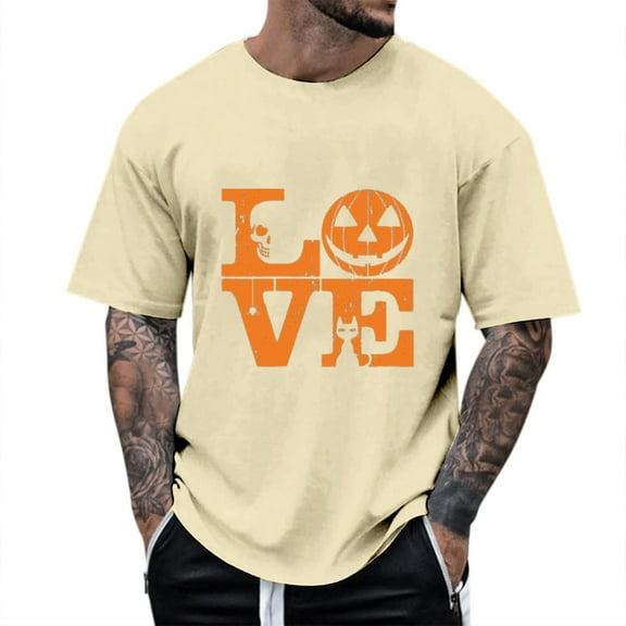 Landzoo Halloween Men'S Shirts Pumpkin Print Short Sleeve Crew Neck T-Shirt Party Loose Fit Men Tops Size L Beige