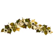 Nearly Natural 5' Fall Sunflower, Hydrangea and White Pumpkin Artificial Garland, Green