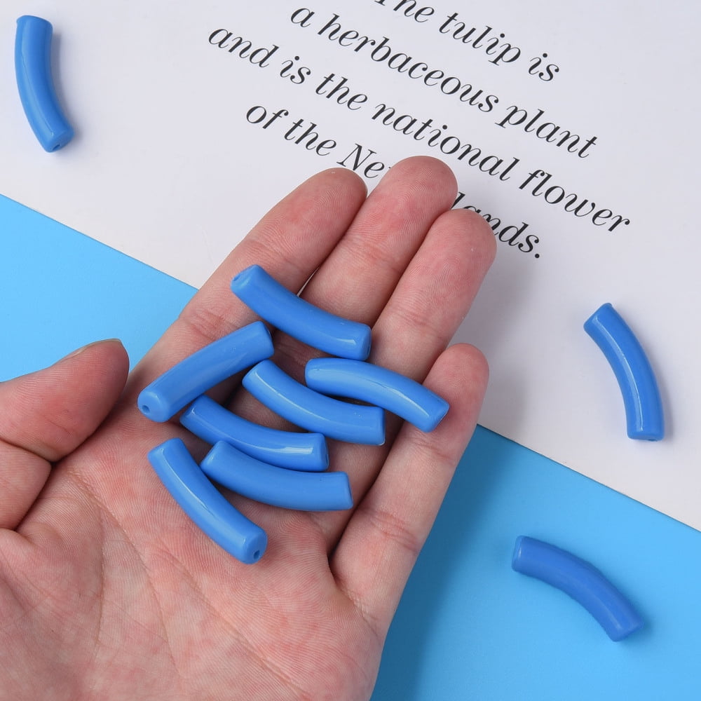 Opaque Acrylic Beads Curved Tube Dodger Blue 32x10x8mm Hole: 1.8mm