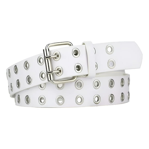 TELOLY Double Grommet Belt,Pu Leather Punk Belt 2 Hole Grommet Jeans Belt for Women Men,White Belt Men