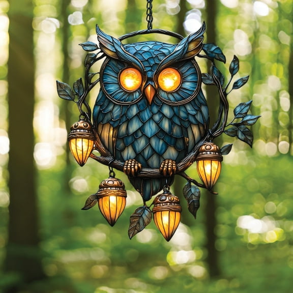 Mystical Owl and Acorn Light Suncatcher, Acrylic Window Hanging with Glowing Eyes and Branch Wreath, Fall Forest Decor Gift Idea
