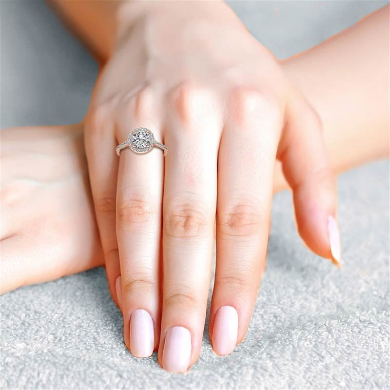 Auory 1 Carat Round Cut Moissanite Halo Engagement Ring in 18k Rose Gold Plating Over Sterling Silver for Women