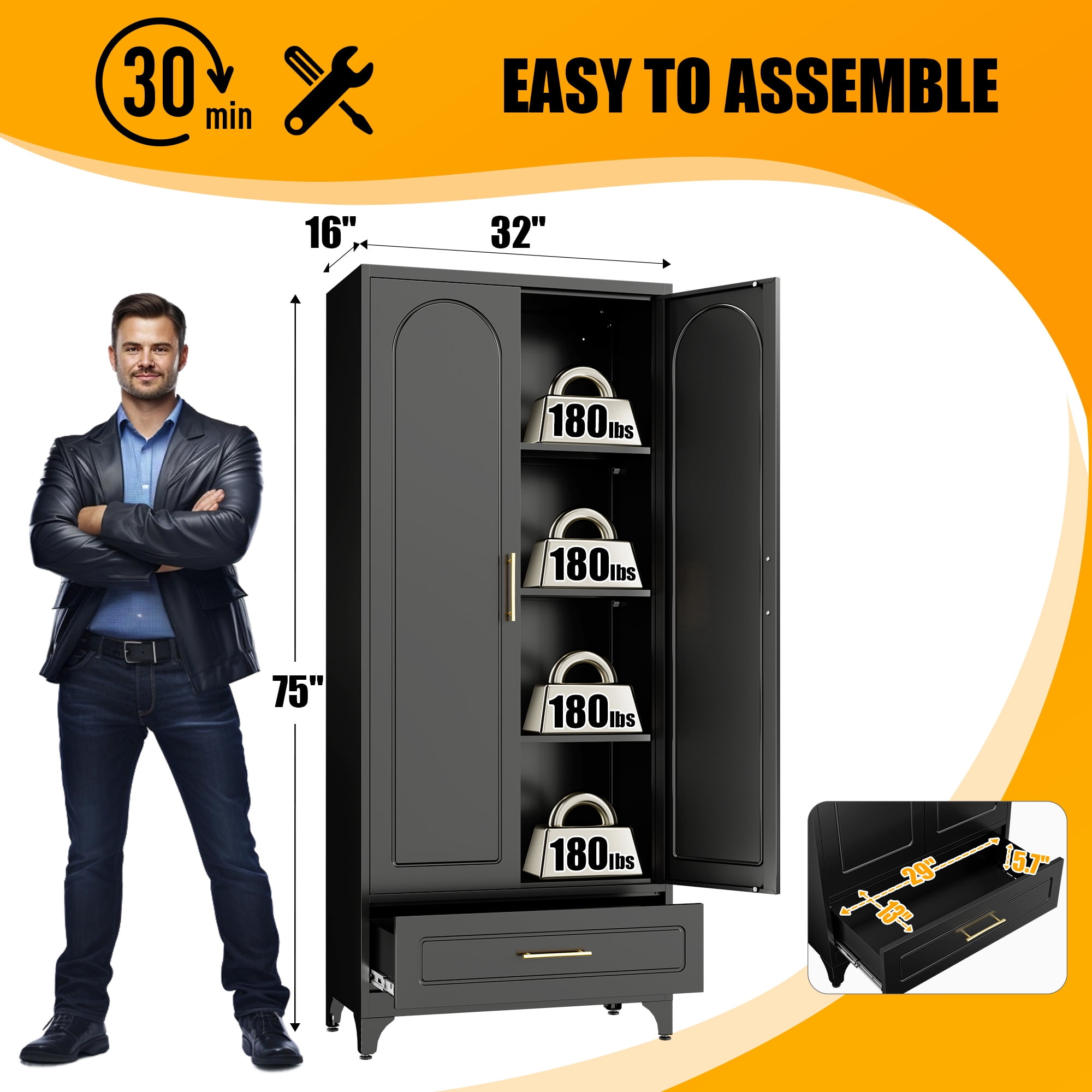 Polup 75" H Metal Black Kitchen Pantry Storage Cabinets with Drawers, Doors and Shelves, Steel Large Cupboard