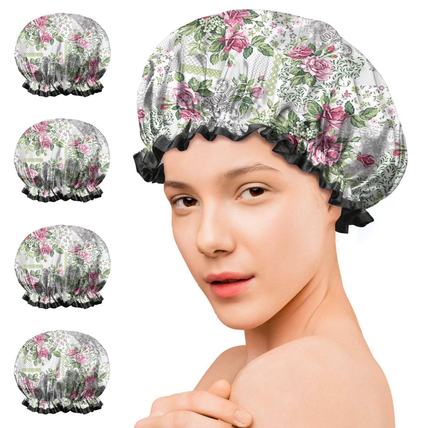 Shower Caps,Pioneer Flower Floral Print Pattern Waterproof Shower Cap for Women 4 Pieces,Double Reusable Hair Cover for Shower PEVA Elastic Stretch Hem