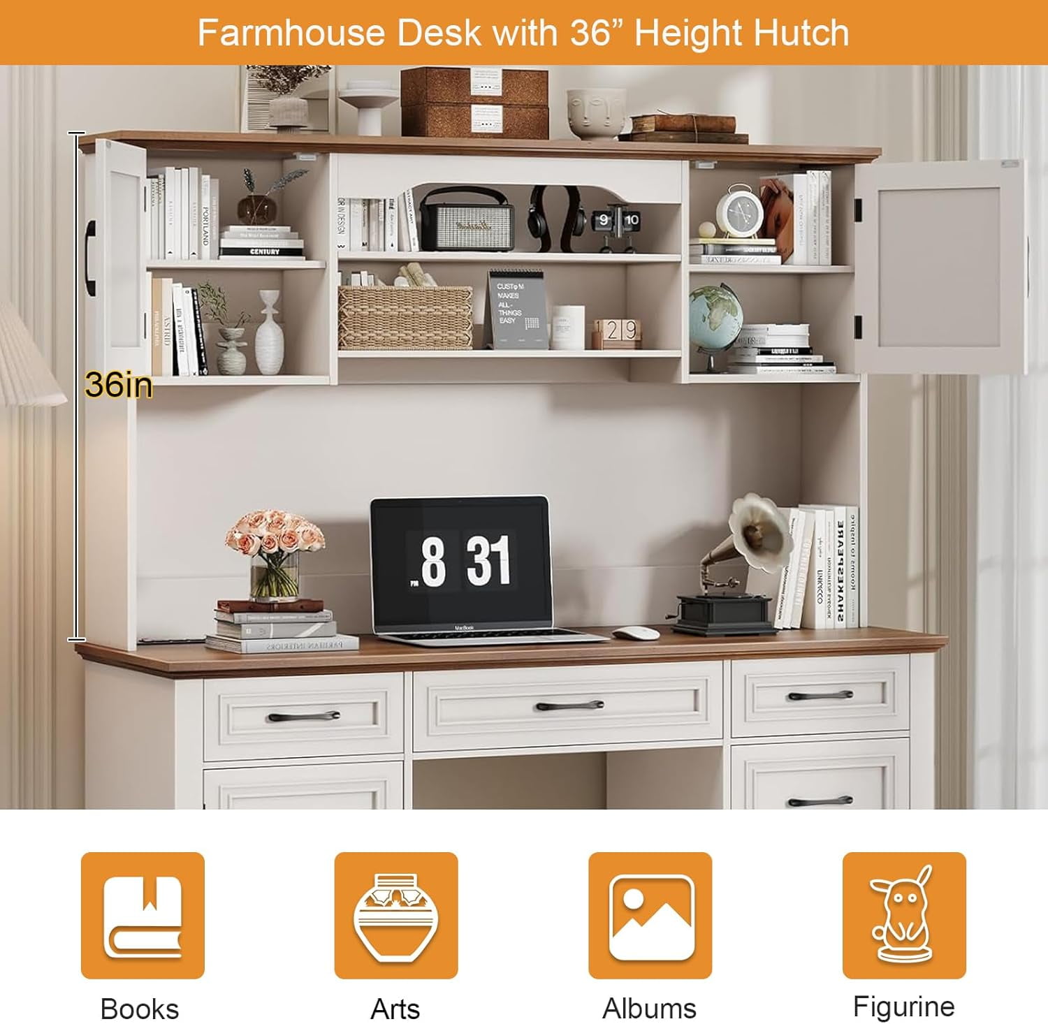 Vabches 67" H Executive Desk with Hutch and 5 Drawers, Farmhouse Computer Desk with Charging Station, File Drawer and Storage Cabinet, Wood Workstation for Home Office and Study