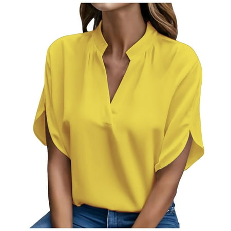 Fsqjgq Shirts Womens Tops Tunic Long Sleeve Shirts for Women Crop Tops for Women 2024 Independent Station Wish Summer Simple Casual Solid V Neck Loose Shirt Blouse Women Flowy Shirt Tunic Top Corset