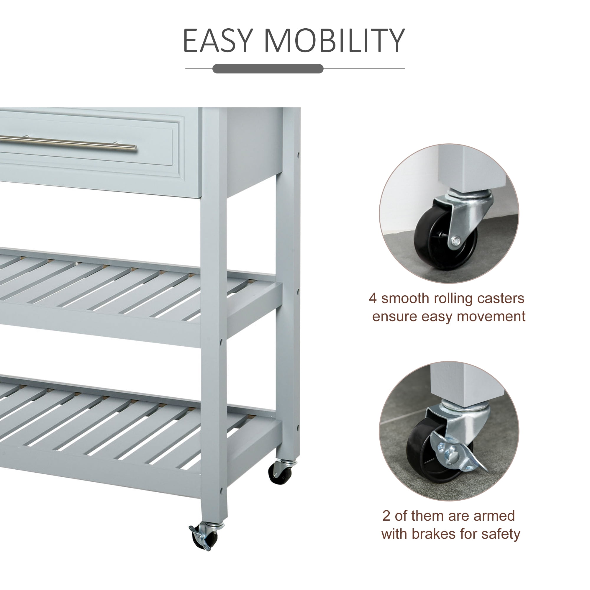 HOMCOM 47" Rolling Kitchen Island Cart with Drawers, Shelves, and Stainless Steel Top, Gray