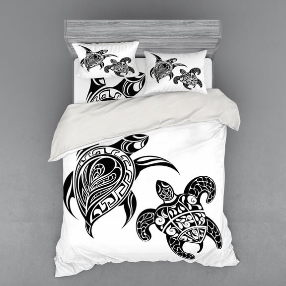 Ambesonne Turtle Bedding Set 4 Pcs, Tattoo Inspired Animal Motif, Queen, White and Black