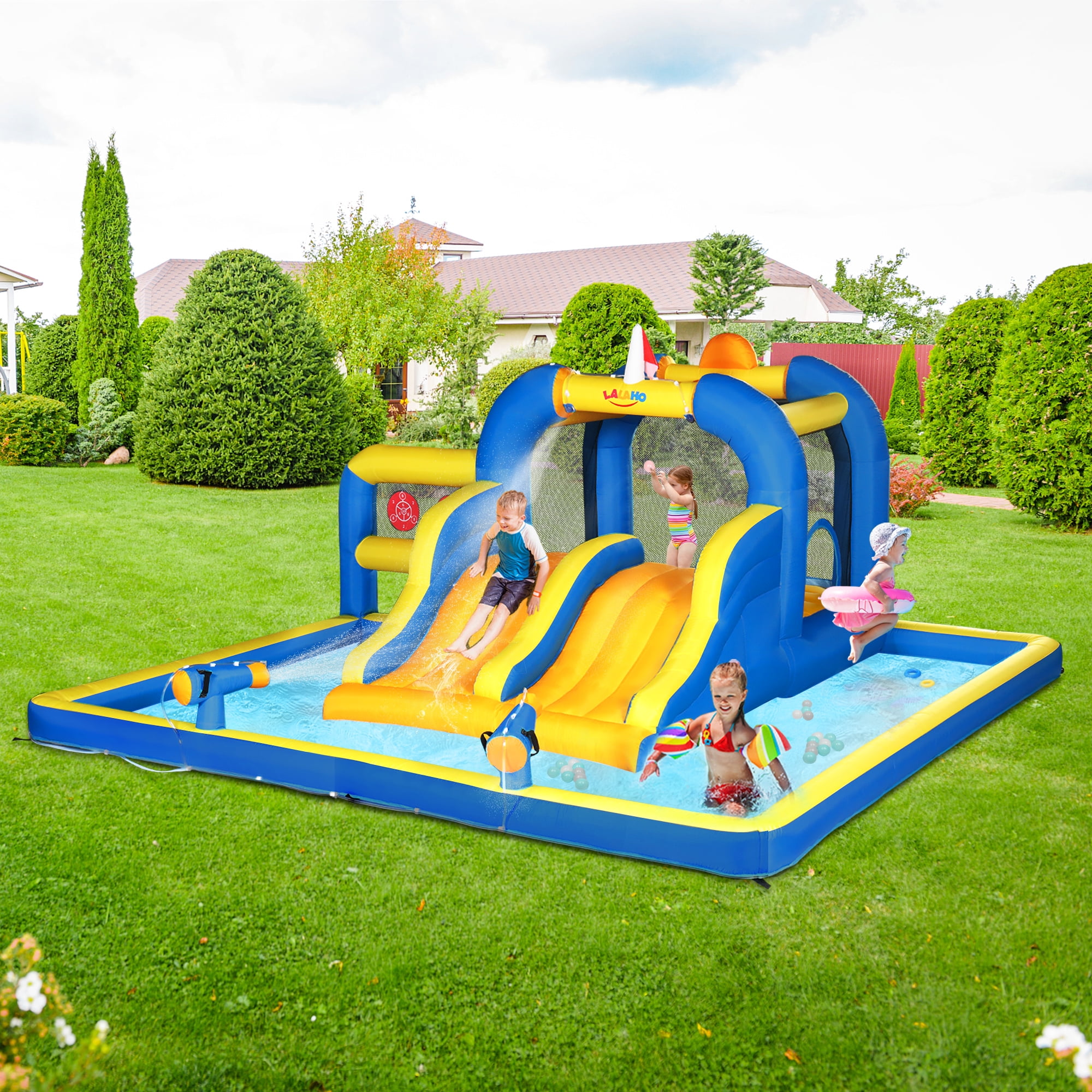 Ktaxon 7-in-1 Inflatable Water Slide Bounce House with Blower, Dual Slides Water Park, Bounce Area & Basketball Hoop for Kids Backyard