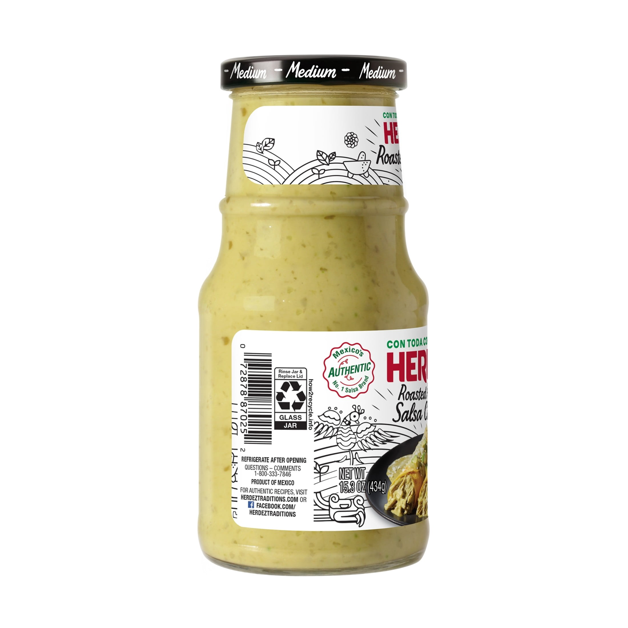 HERDEZ Roasted Poblano Salsa Cremosa Medium, Shelf Stable, 15.3 oz Glass Jar